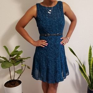 Sandra Darren sheer dress, size 6, black/ dark teal, with piping& pleats